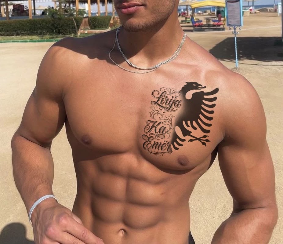Liria Ka Emër & Shqiponja (Chestpiece) • Tatuazh i Përkohshëm Premium